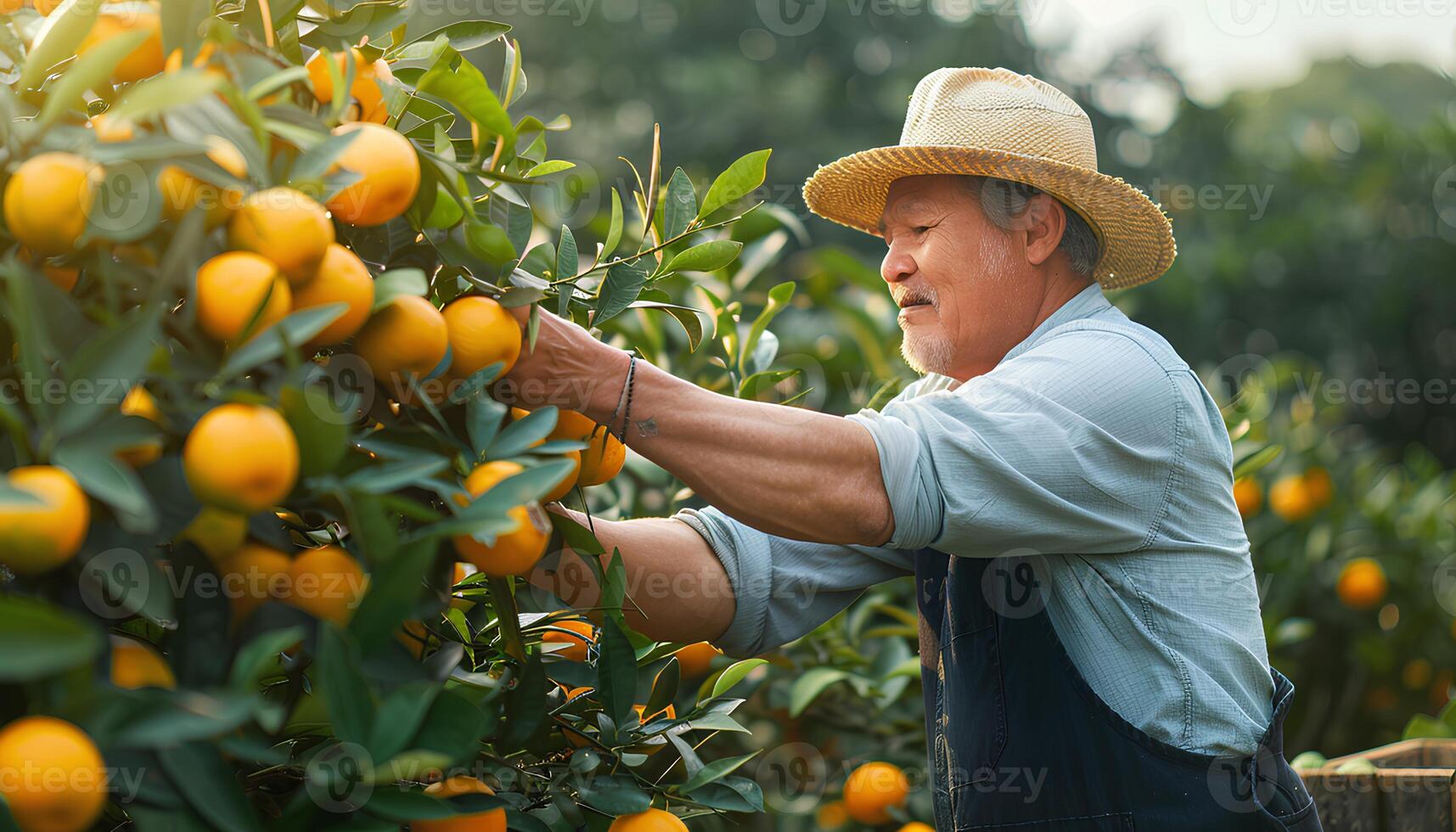 AI generated Man picking oranges off of an orange tree. Happy farmer picking an orange from his tree while the sun is shining. Orange picking season photo