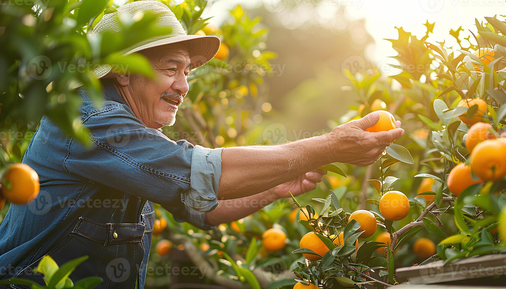 AI generated Man picking oranges off of an orange tree. Happy farmer picking an orange from his tree while the sun is shining. Orange picking season photo