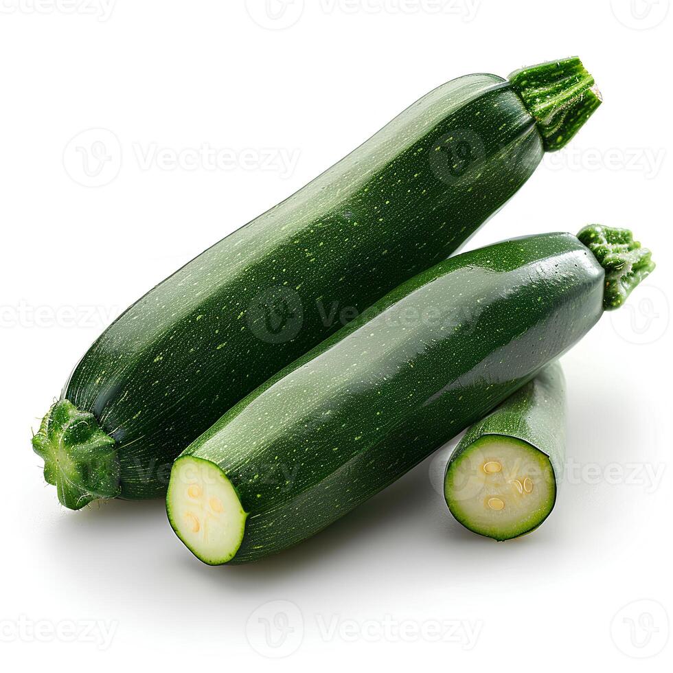 AI generated Zucchini isolated on white background with shadow. courgette vegetable isolated. Baby marrow top view. Zucchini flat lay. Organic vegetable photo