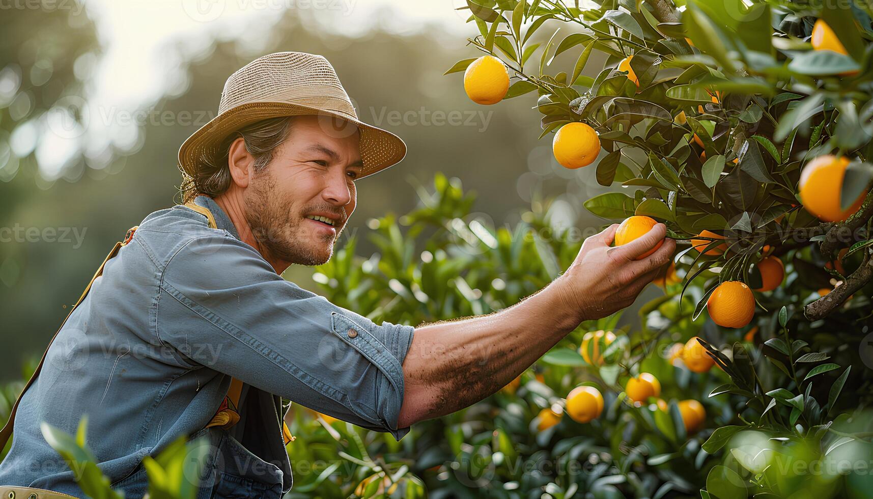 AI generated Man picking oranges off of an orange tree. Happy farmer picking an orange from his tree while the sun is shining. Orange picking season photo