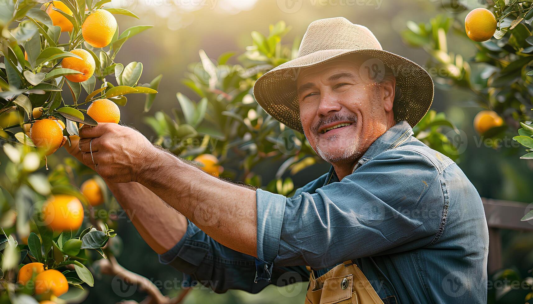 AI generated Man picking oranges off of an orange tree. Happy farmer picking an orange from his tree while the sun is shining. Orange picking season photo