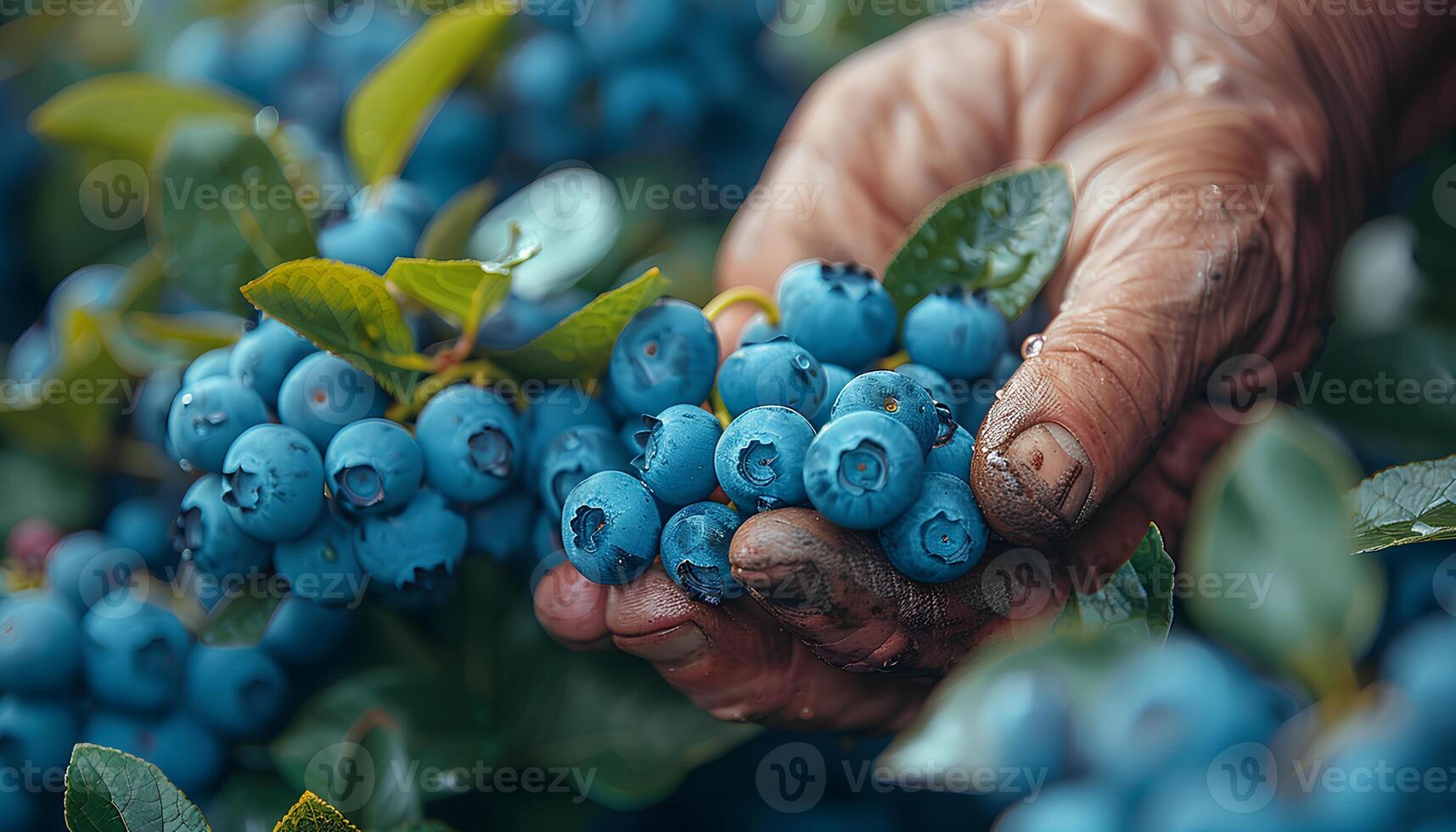 AI generated Blueberry harvest season. Hands picking blueberries from a blueberry shrub during the harvest season. Blueberry picking photo