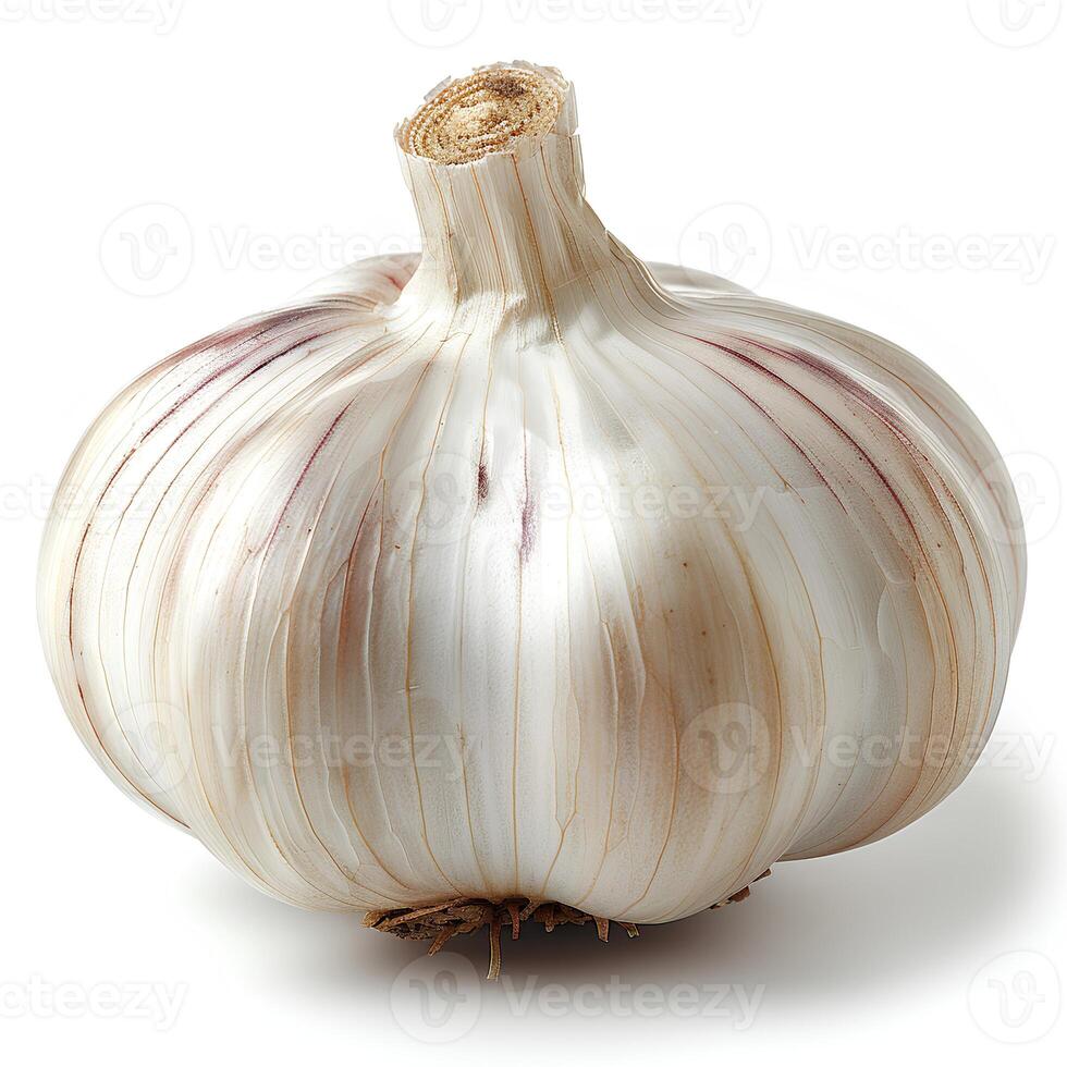 AI generated Garlic isolated on white background with shadow. Clove of garlic isolated. Garlic top view. Flavourful garlic herb for food preparations photo