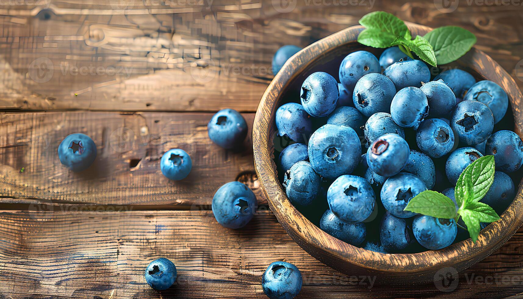 AI generated Blueberries in a bowl on a wooden table top view. Blueberry harvest. Fresh and ripe blueberries freshly picked bird's eye view photo