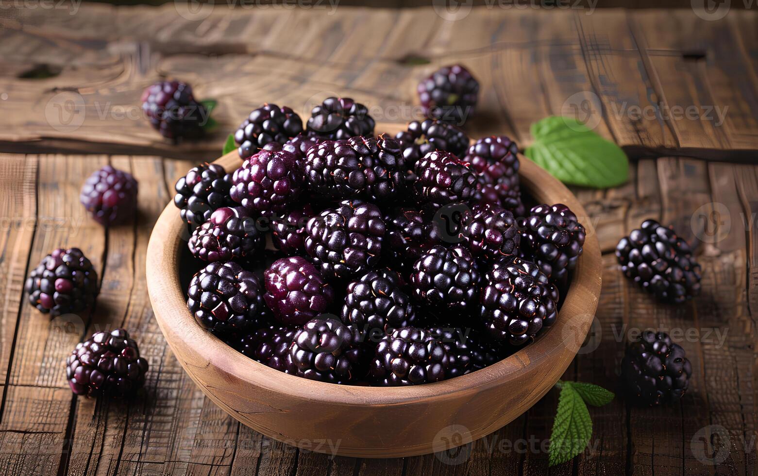AI generated Blackberries in a bowl on a wooden table top view. Blackberry harvest. Fresh and ripe blackberries freshly picked photo