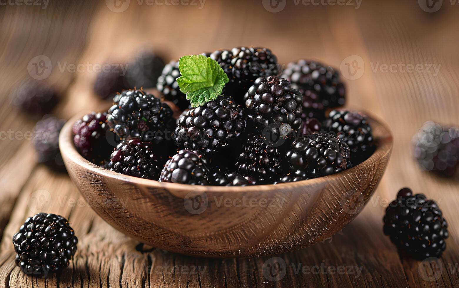 AI generated Blackberries in a bowl on a wooden table top view. Blackberry harvest. Fresh and ripe blackberries freshly picked photo