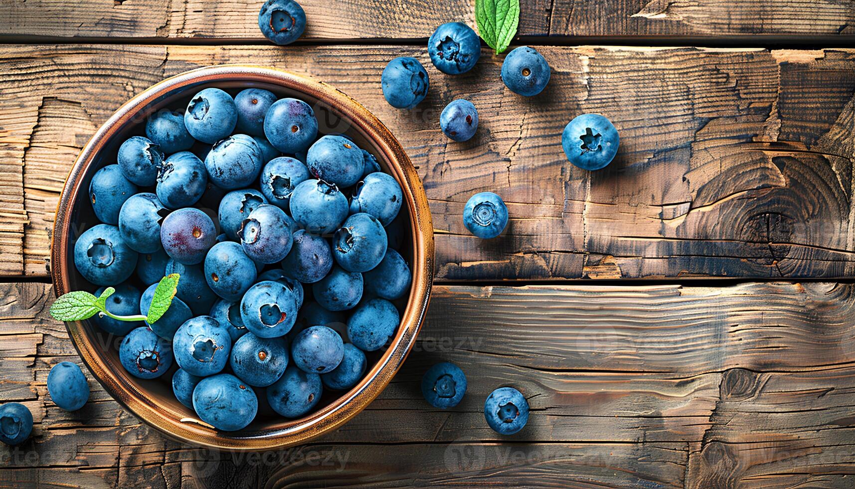 AI generated Blueberries in a bowl on a wooden table top view. Blueberry harvest. Fresh and ripe blueberries freshly picked bird's eye view photo