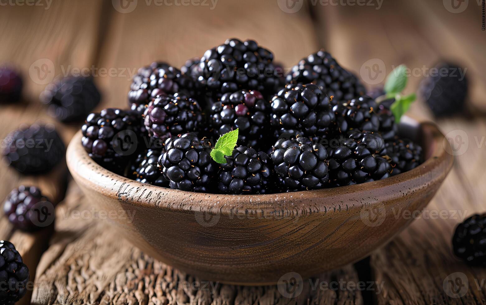 AI generated Blackberries in a bowl on a wooden table top view. Blackberry harvest. Fresh and ripe blackberries freshly picked photo