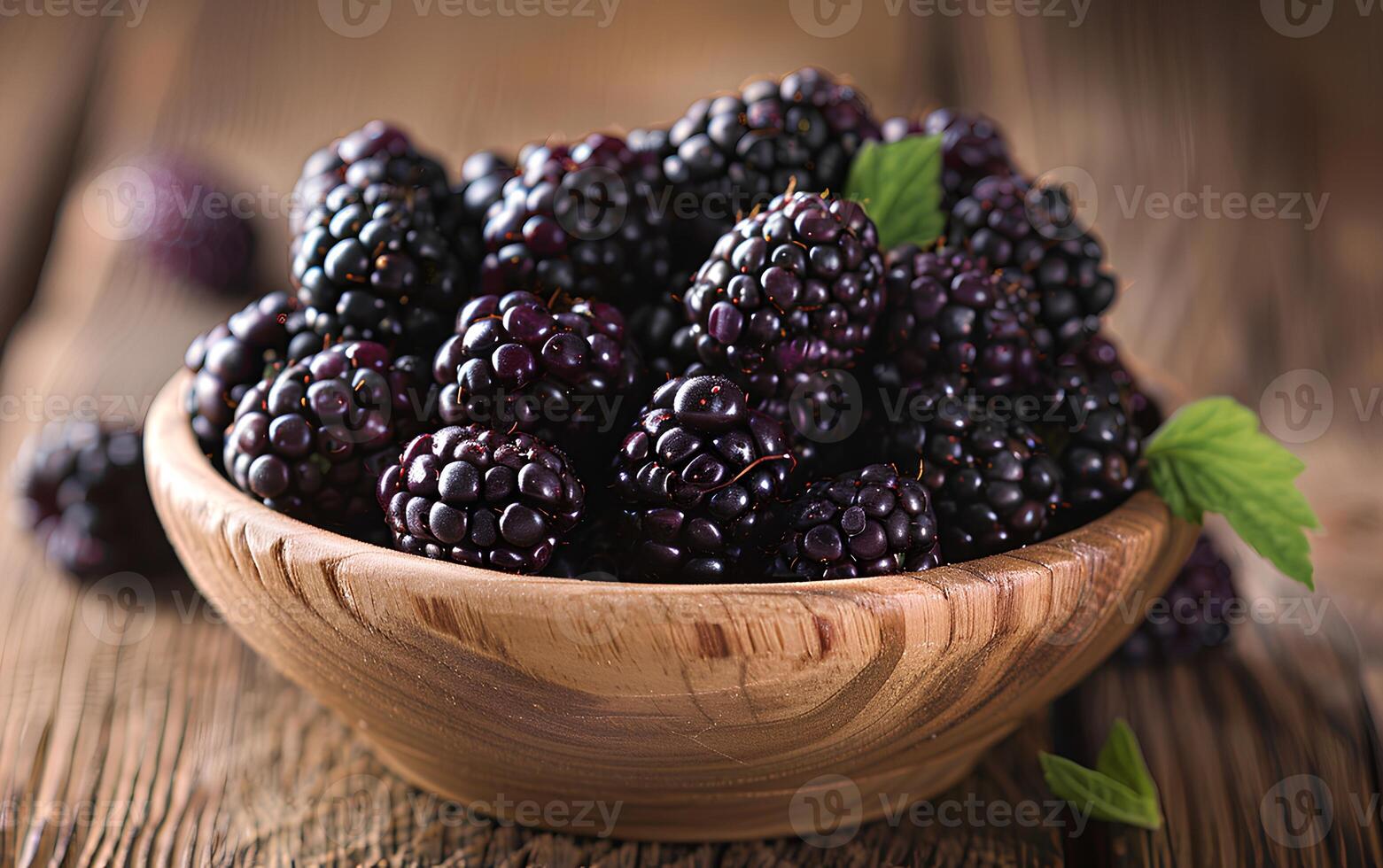 AI generated Blackberries in a bowl on a wooden table top view. Blackberry harvest. Fresh and ripe blackberries freshly picked photo