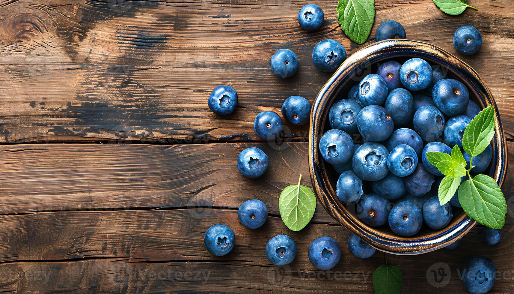 AI generated Blueberries in a bowl on a wooden table top view. Blueberry harvest. Fresh and ripe blueberries freshly picked bird's eye view photo