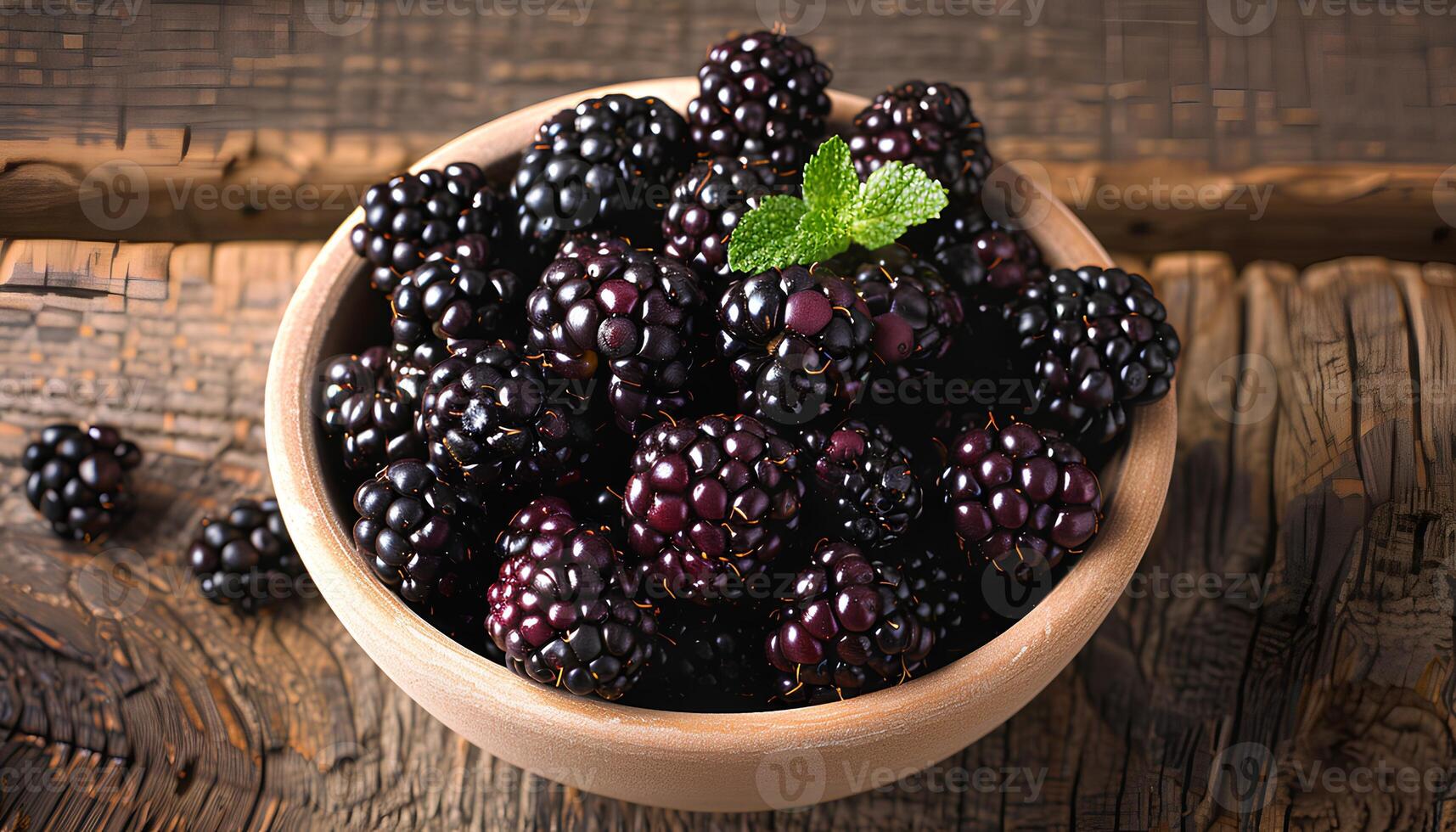 AI generated Blackberries in a bowl on a wooden table top view. Blackberry harvest. Fresh and ripe blackberries freshly picked photo
