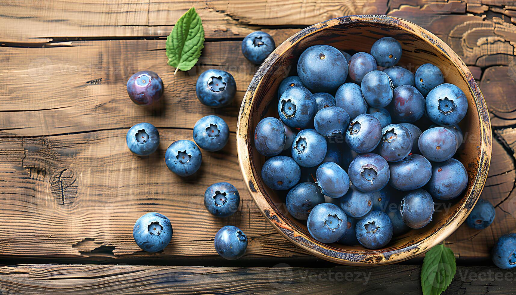 AI generated Blueberries in a bowl on a wooden table top view. Blueberry harvest. Fresh and ripe blueberries freshly picked bird's eye view photo