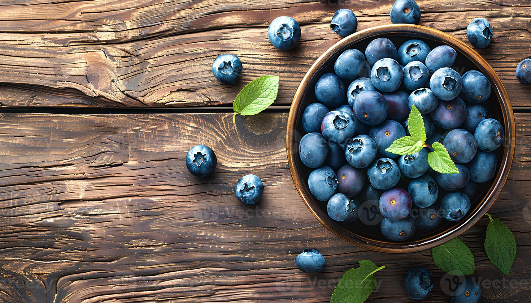 AI generated Blueberries in a bowl on a wooden table top view. Blueberry harvest. Fresh and ripe blueberries freshly picked bird's eye view photo
