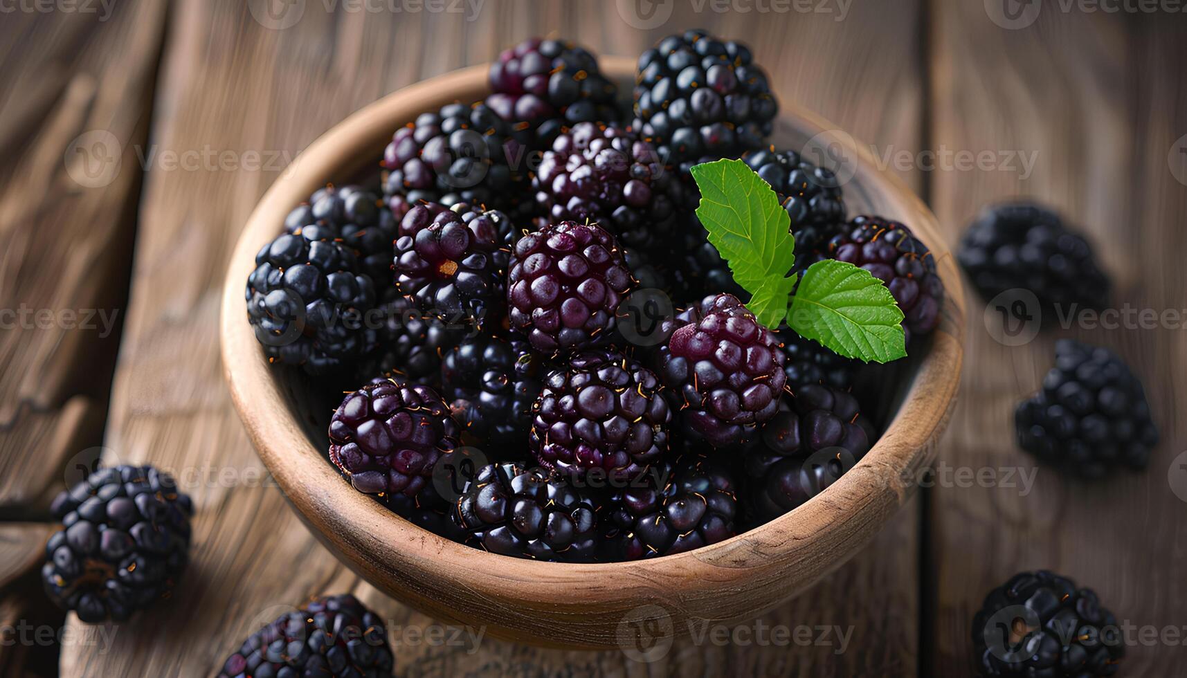 AI generated Blackberries in a bowl on a wooden table top view. Blackberry harvest. Fresh and ripe blackberries freshly picked photo