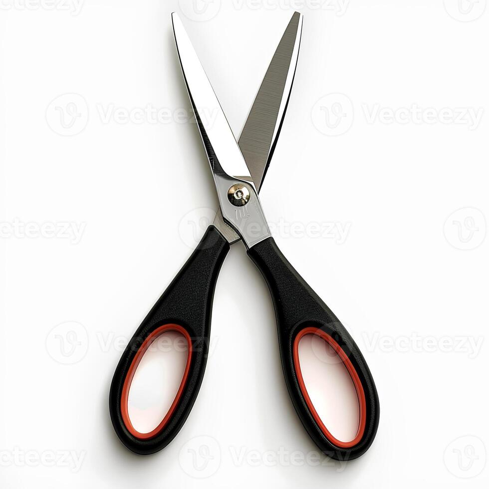 AI generated Stainless steel scissors isolated on white background with shadows. Scissors for office and school supplies. Professional scissors for paper cutting isolated photo