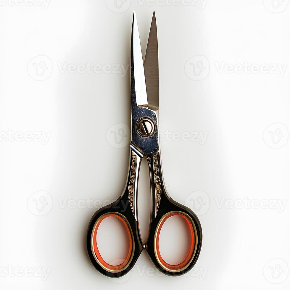 AI generated Stainless steel scissors isolated on white background with shadows. Scissors for office and school supplies. Professional scissors for paper cutting isolated photo