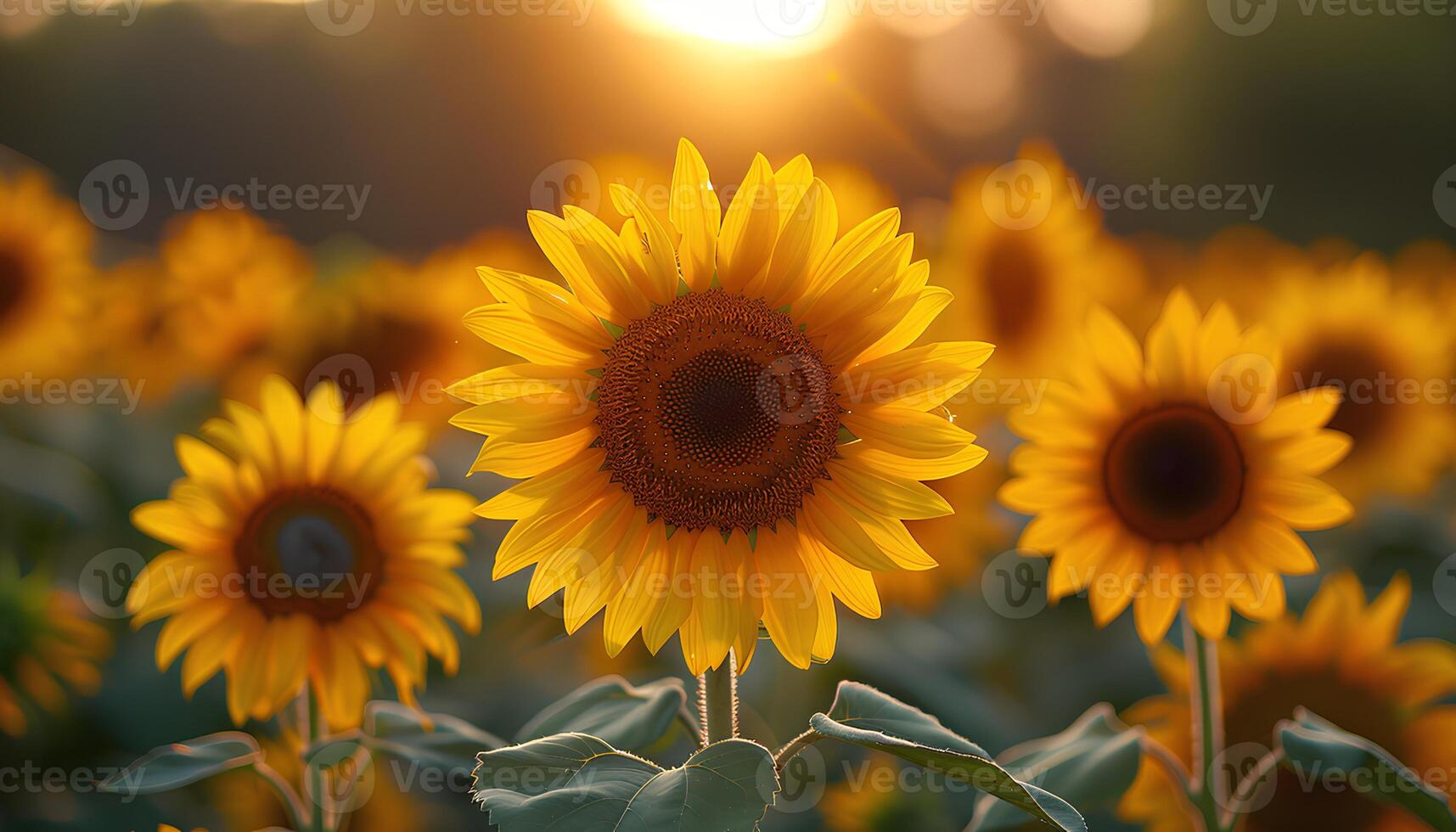 AI generated Sunflower field at sunset. Sunflower field at sunrise. Field of yellow fully bloomed sunflowers during summer time. Yellow flower bloom photo