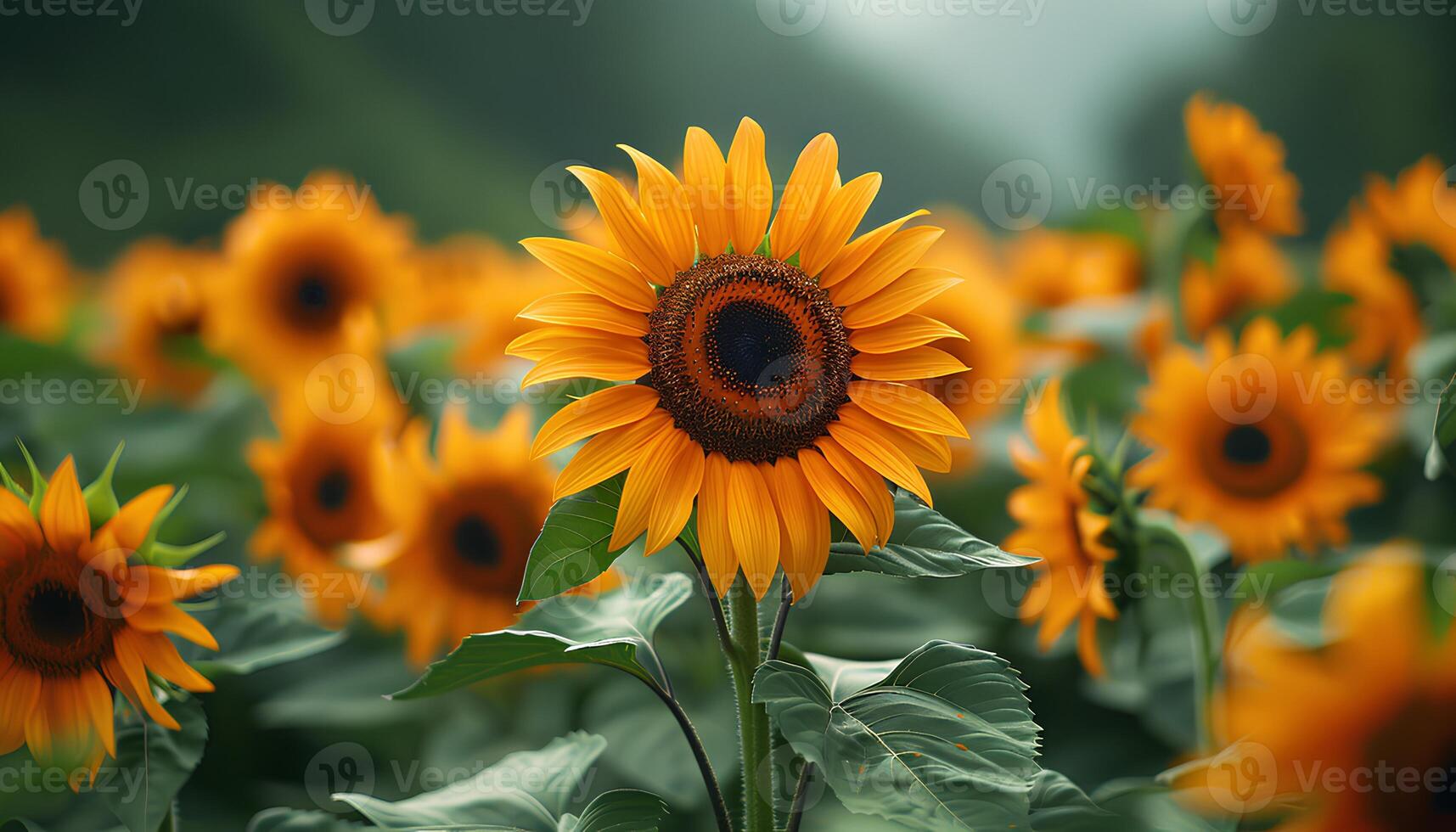 AI generated Sunflower field at sunset. Sunflower field at sunrise. Field of yellow fully bloomed sunflowers during summer time. Yellow flower bloom photo