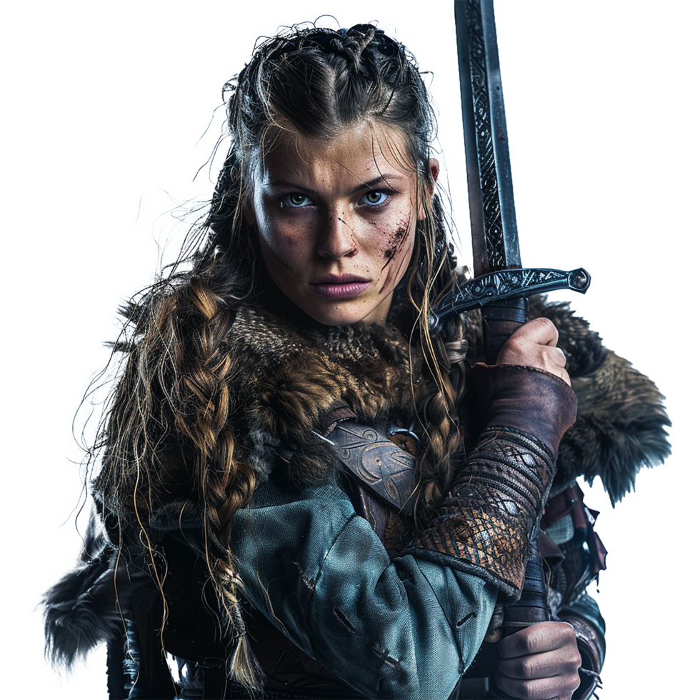 ai généré femme viking portrait avec épée sur transparent Contexte png