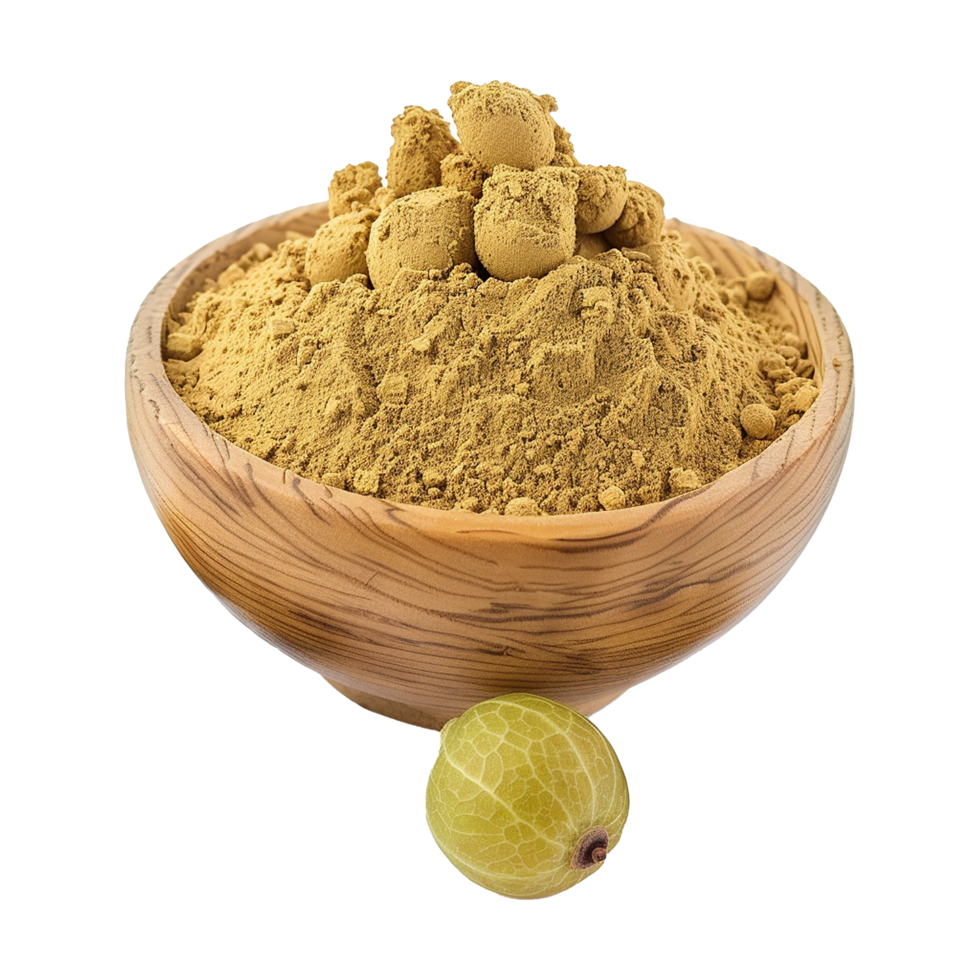 AI generated Gooseberries indian amla powder in wooden bowl isolated on transparent background png