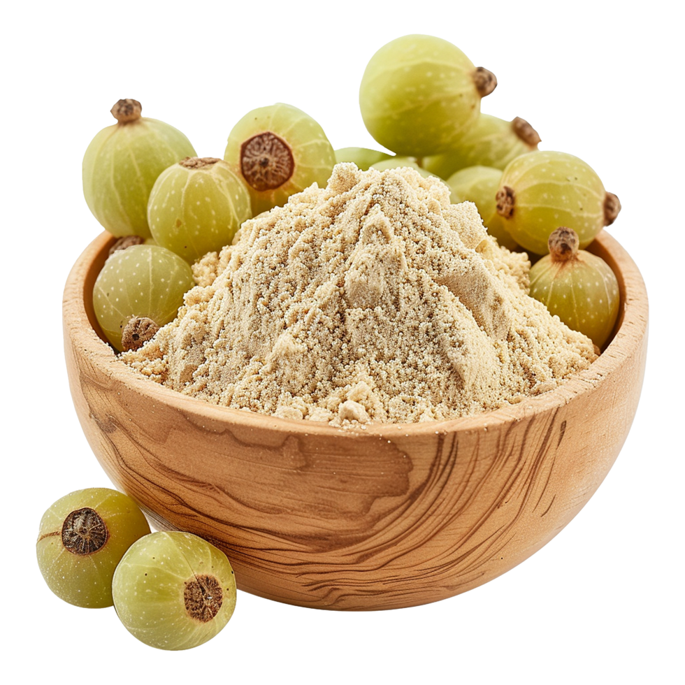 AI generated Gooseberries indian amla powder in wooden bowl isolated on transparent background png