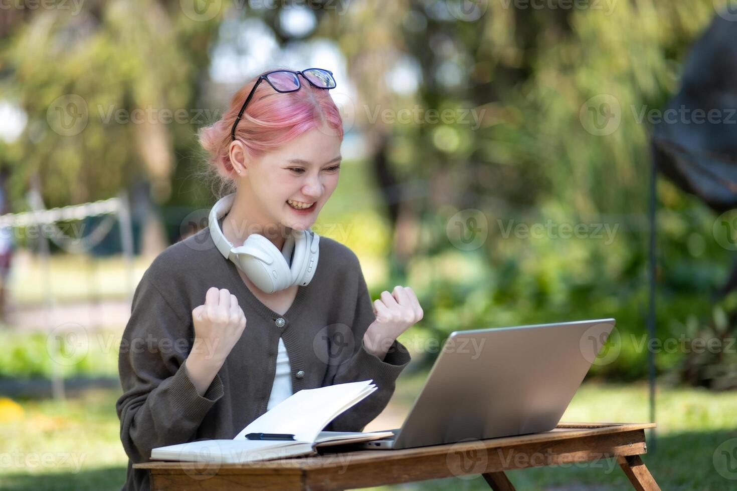 Woman working at the laptop in the backyard with a lot of greenery,  laptop and portrait of woman in park for education photo