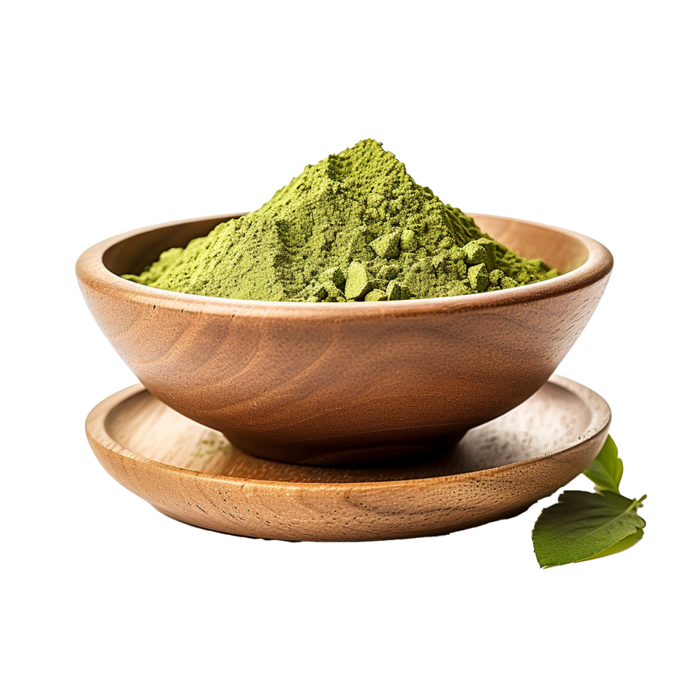 AI generated Instant matcha green tea in wood bowl png isolated on transparent background