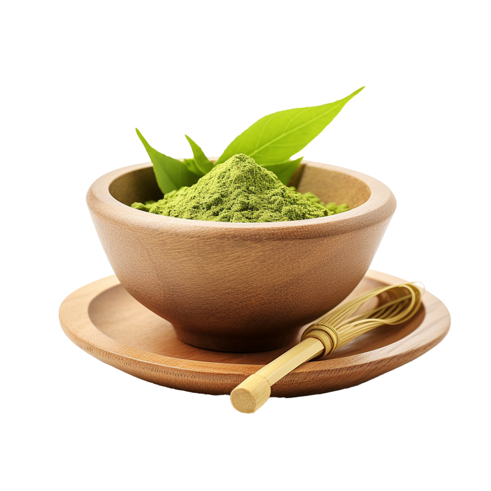 AI generated Instant matcha green tea in wood bowl png isolated on transparent background