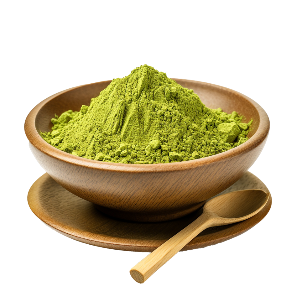 AI generated Instant matcha green tea in wood bowl png isolated on transparent background