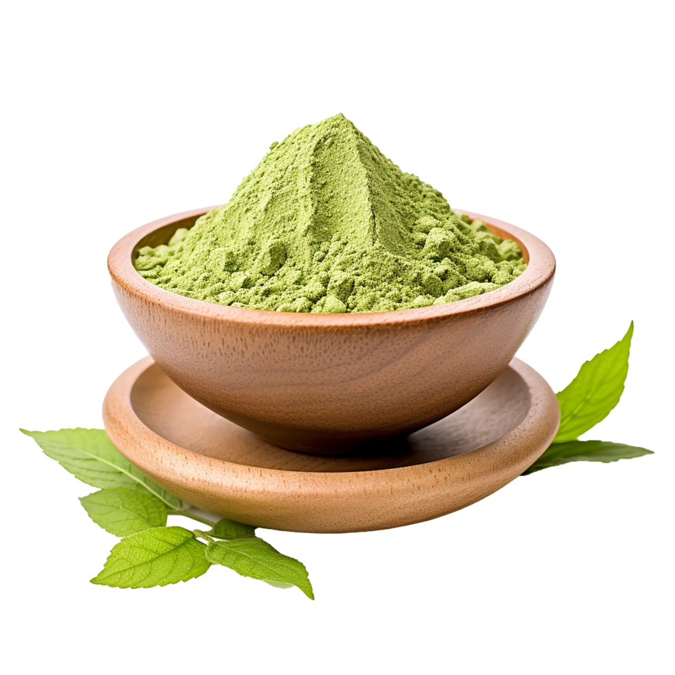 AI generated Instant matcha green tea in wood bowl png isolated on transparent background