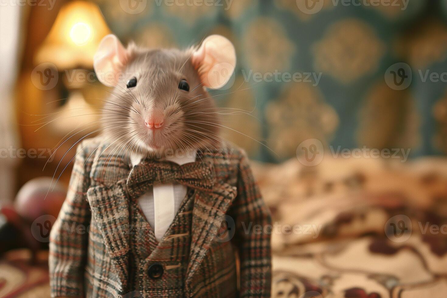 AI Generated cute rat in suit realistic illustration, close up. Can used for banner for pets day, world rat day banner photo