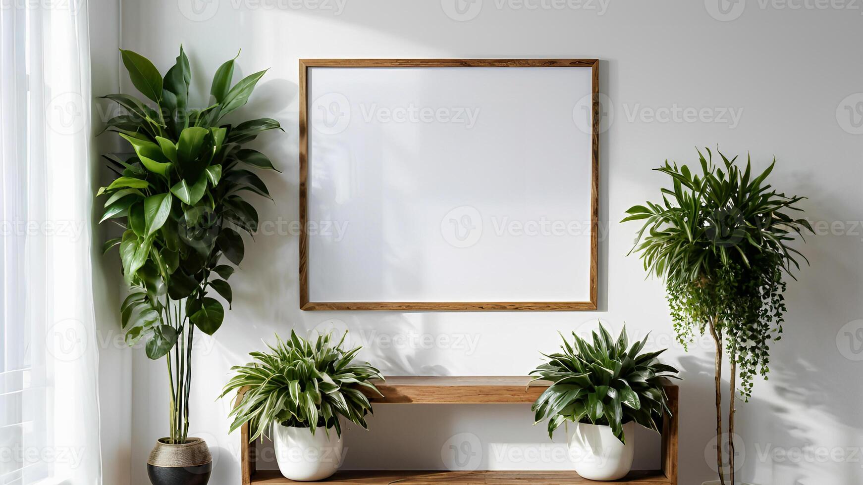 AI generated Interior poster mockup with vertical wooden frame and plants in vase on white wall background. - Generative AI illustration photo