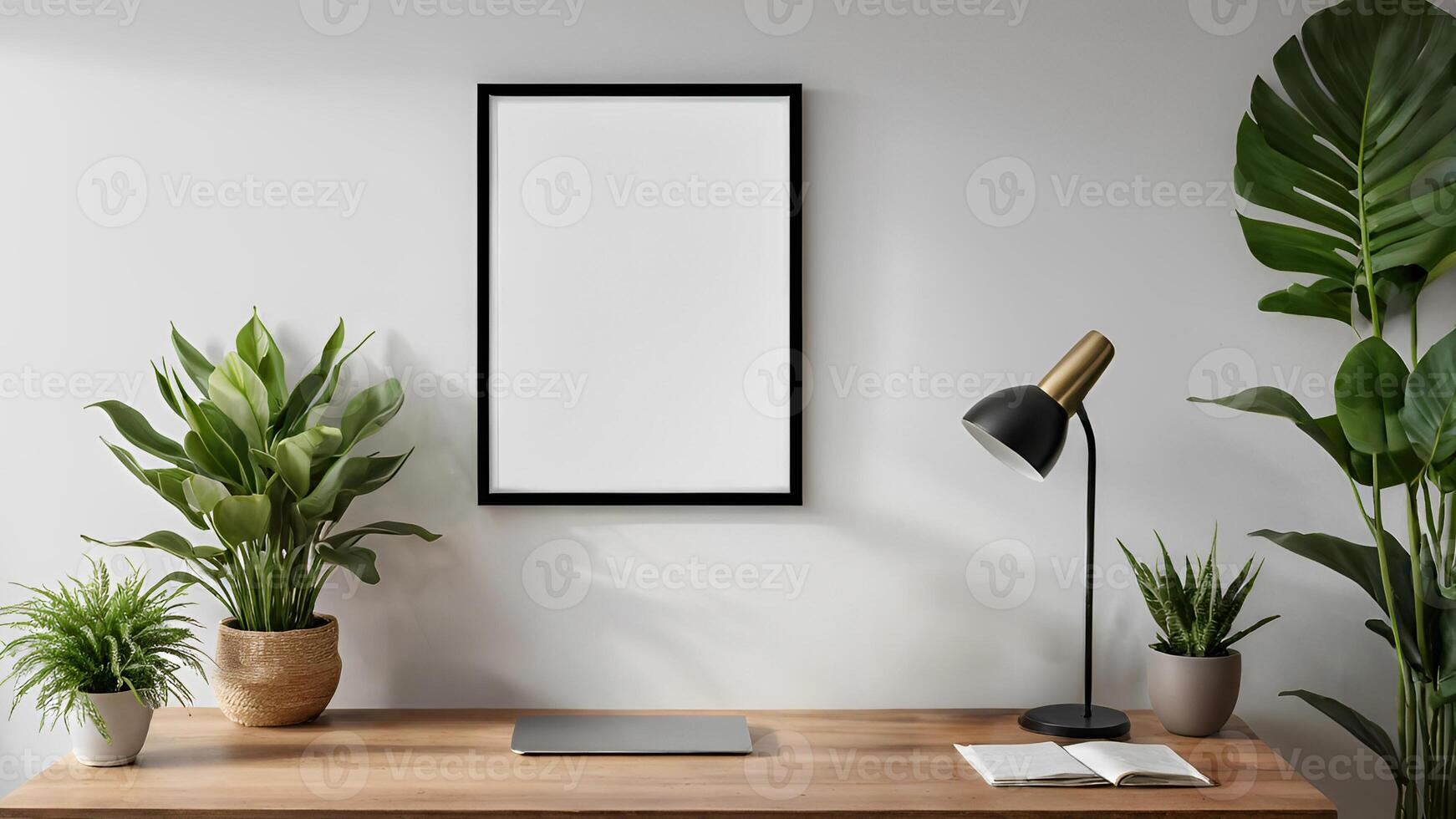 AI generated Interior poster mockup with vertical wooden frame and plants in vase on white wall background. photo