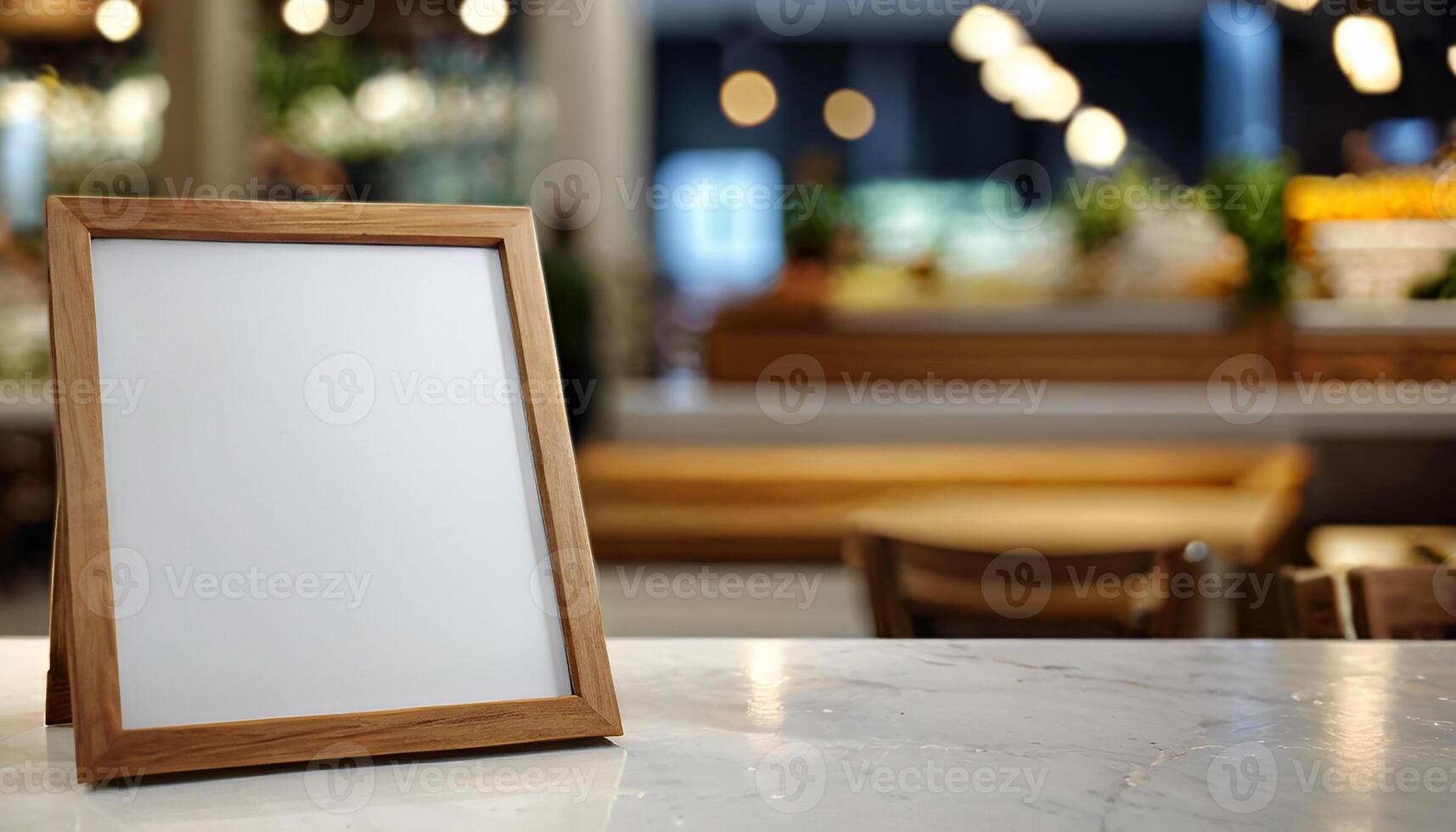 AI generated Close-up of a menu frame mockup with food and drinks in the background., with a blurred or bokeh background. photo