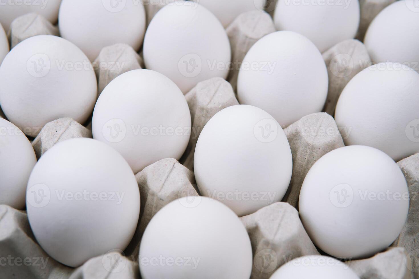 White raw chicken eggs in a tray top view photo