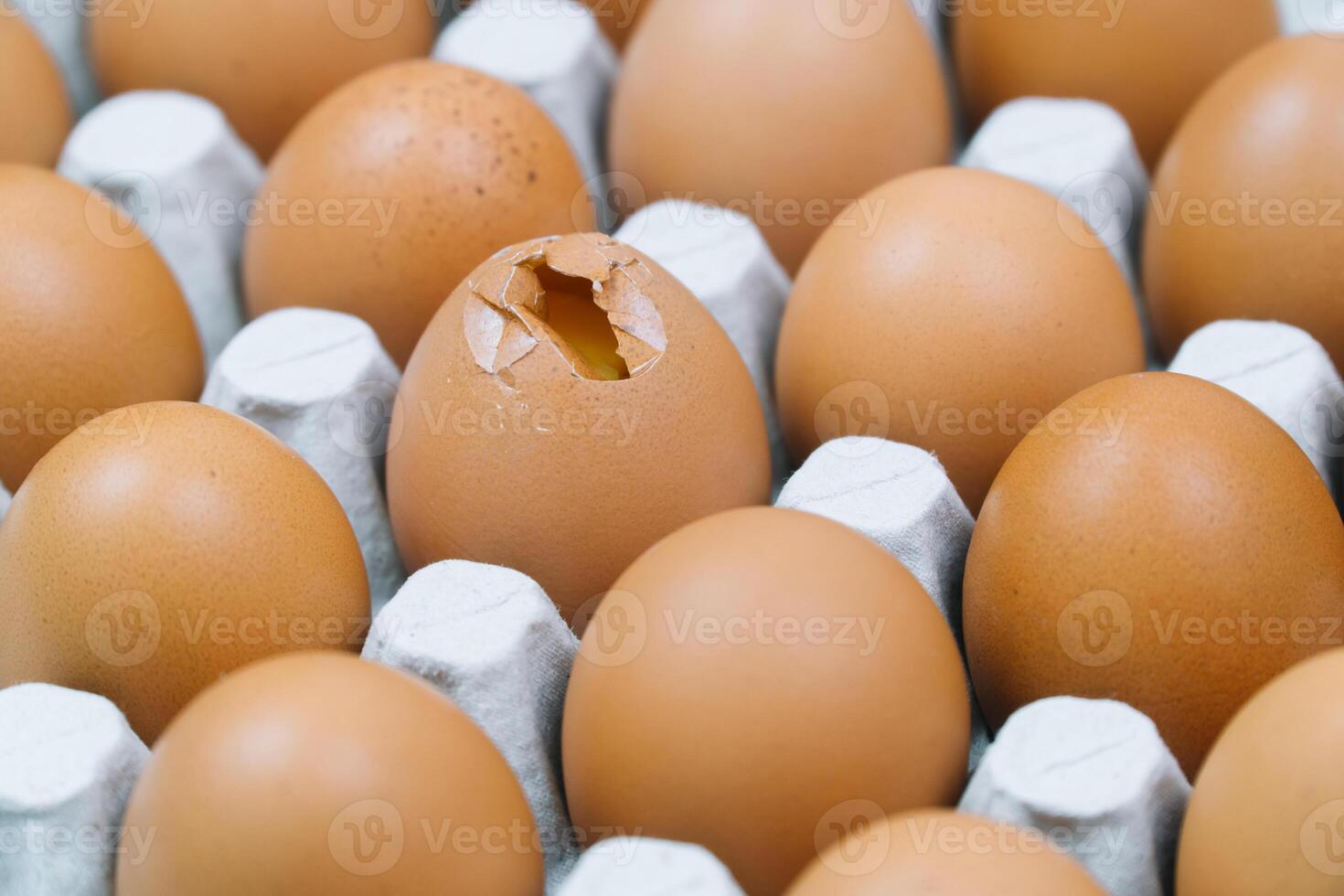 Brown raw chicken eggs and alone broken egg in a tray top view photo