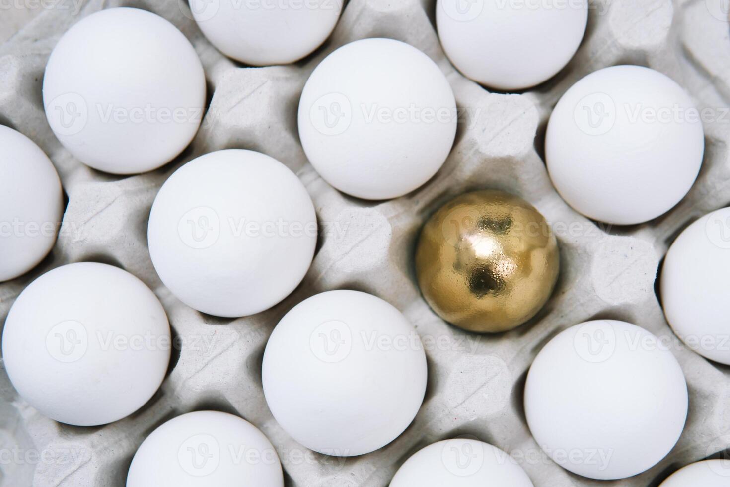White raw chicken eggs and alone golden egg in a tray top view photo