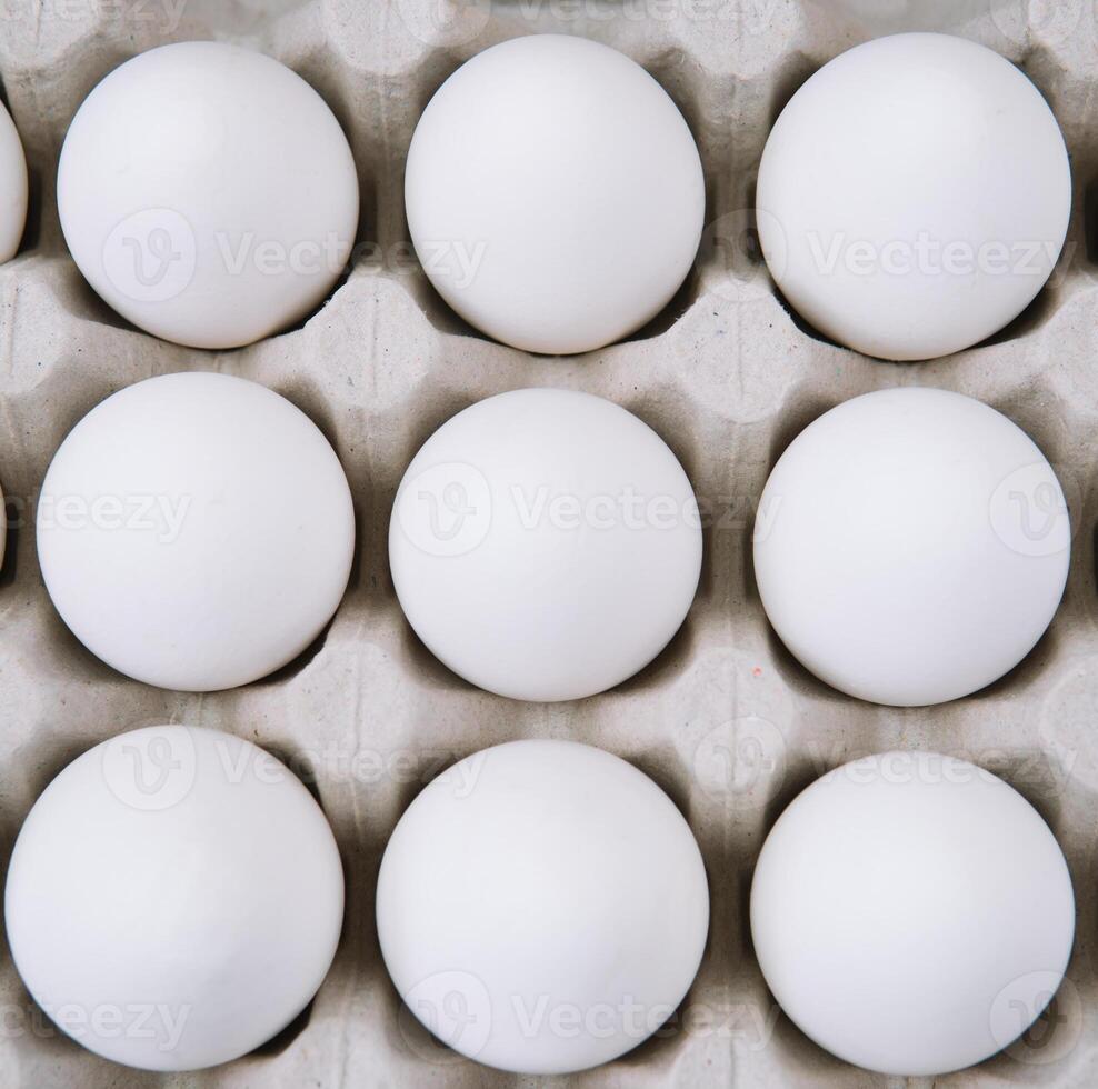 White raw chicken eggs in a tray top view. Fresh chicken eggs background photo