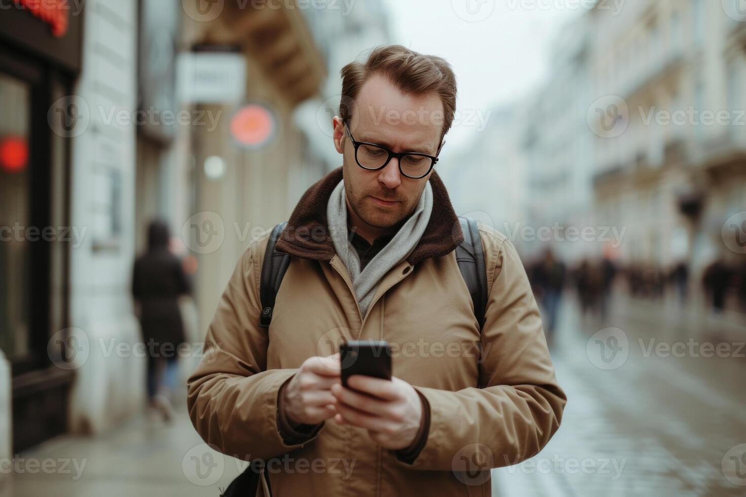 AI generated Outdoor portrait of modern middle-aged man with mobile phone in the street photo