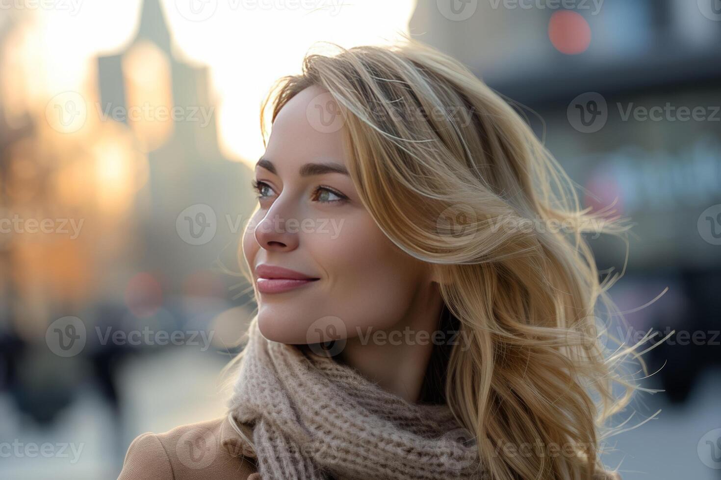 AI generated Portrait of an attractive blonde woman on a daylight city street photo