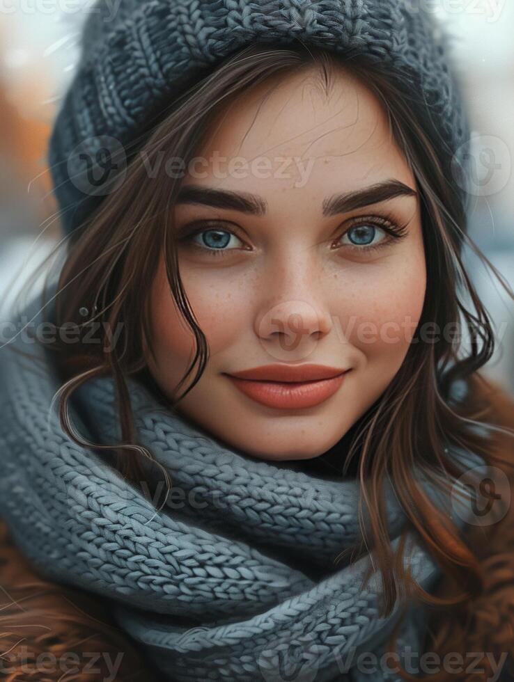 AI generated portrait of an attractive brunette woman in a scarf and knitted hat with a cup on the city street photo