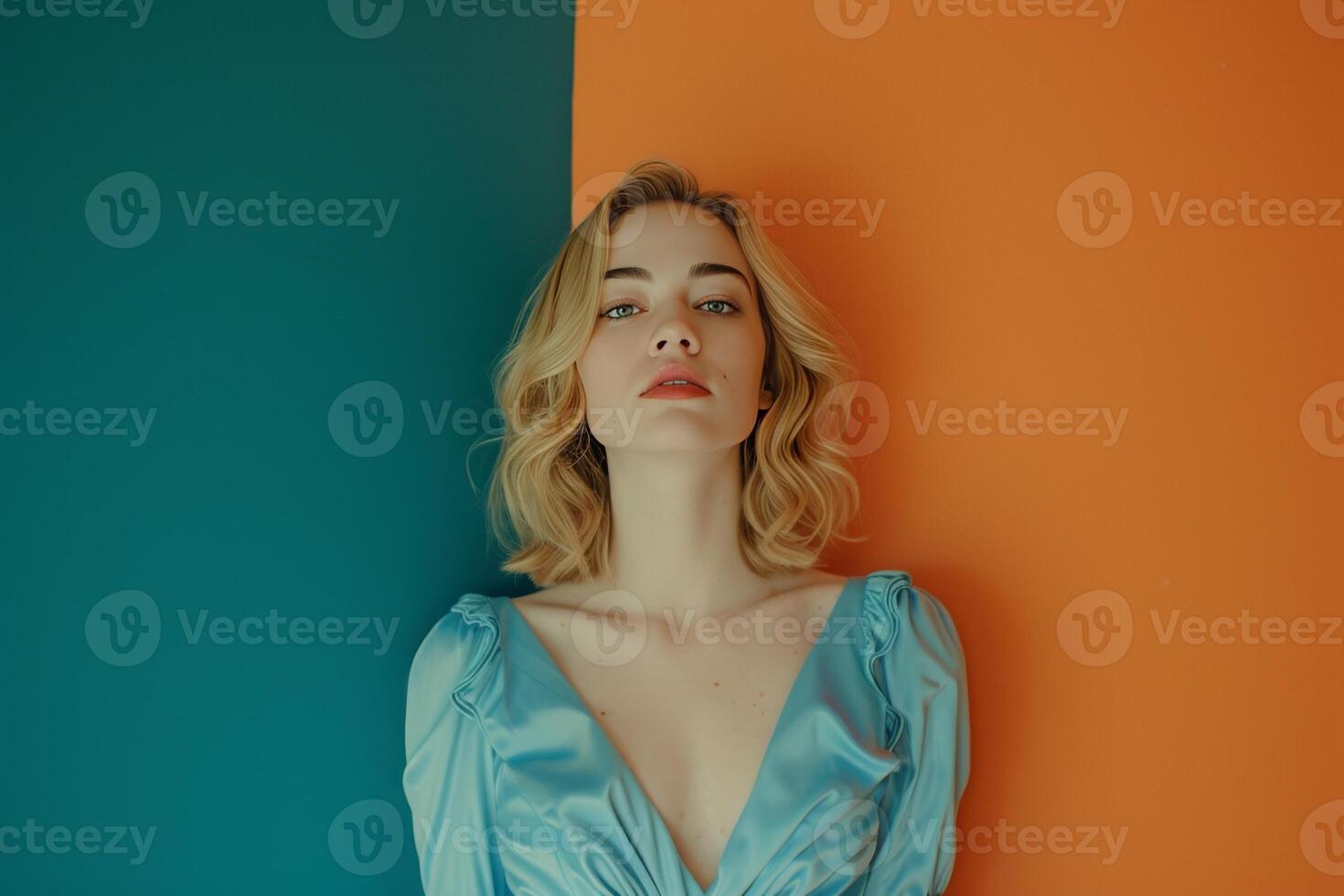 AI generated attractive blonde woman in a blue dress stands on a teal and orange color background photo