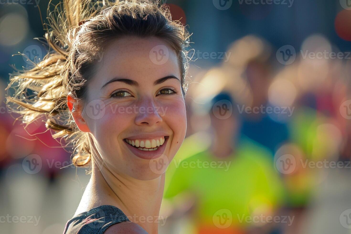 AI generated woman with a smile runs a marathon, with blurred runners in the background photo