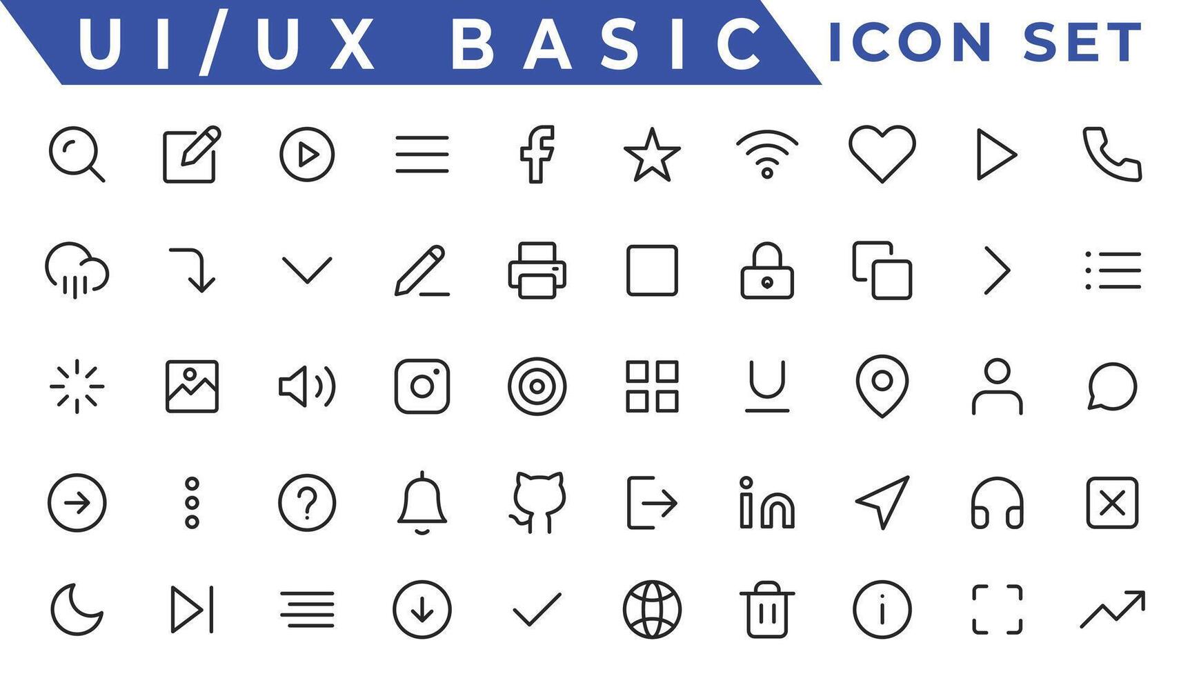 Basic User Interface Essential Set. 200 Line Outline Icons. For App, Web, Print vector