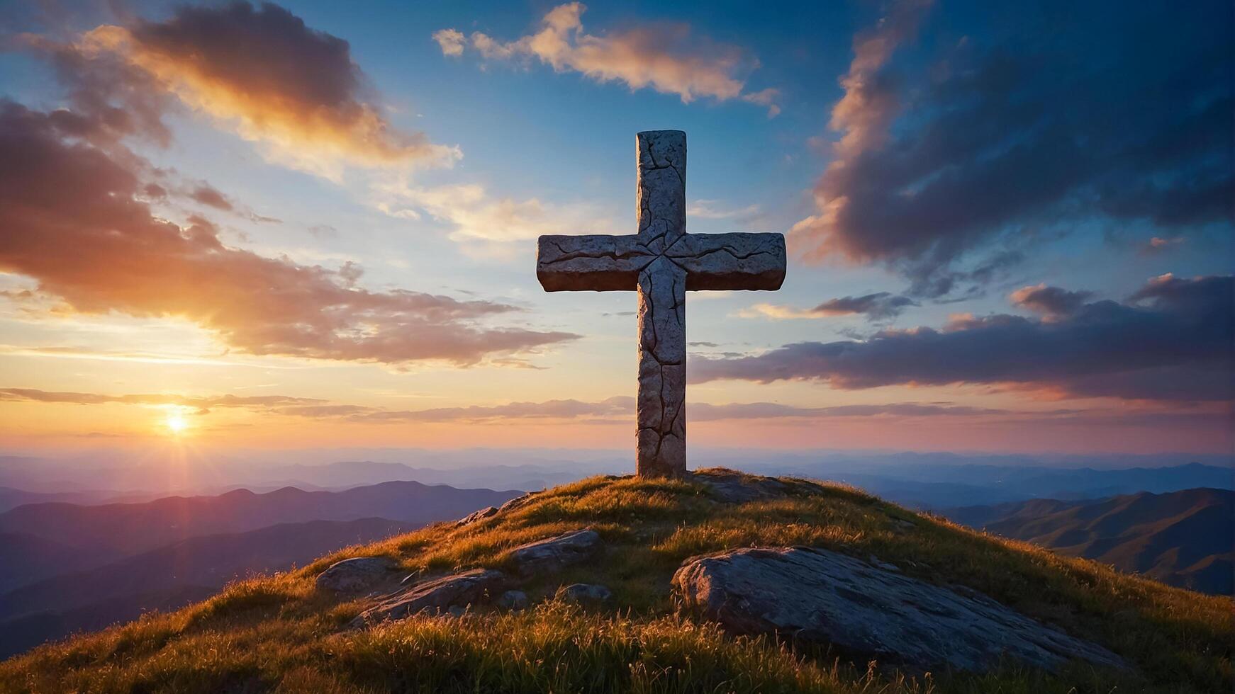 AI generated Silhouette of cross on the mountain, sunset background. Christian beliefs. photo