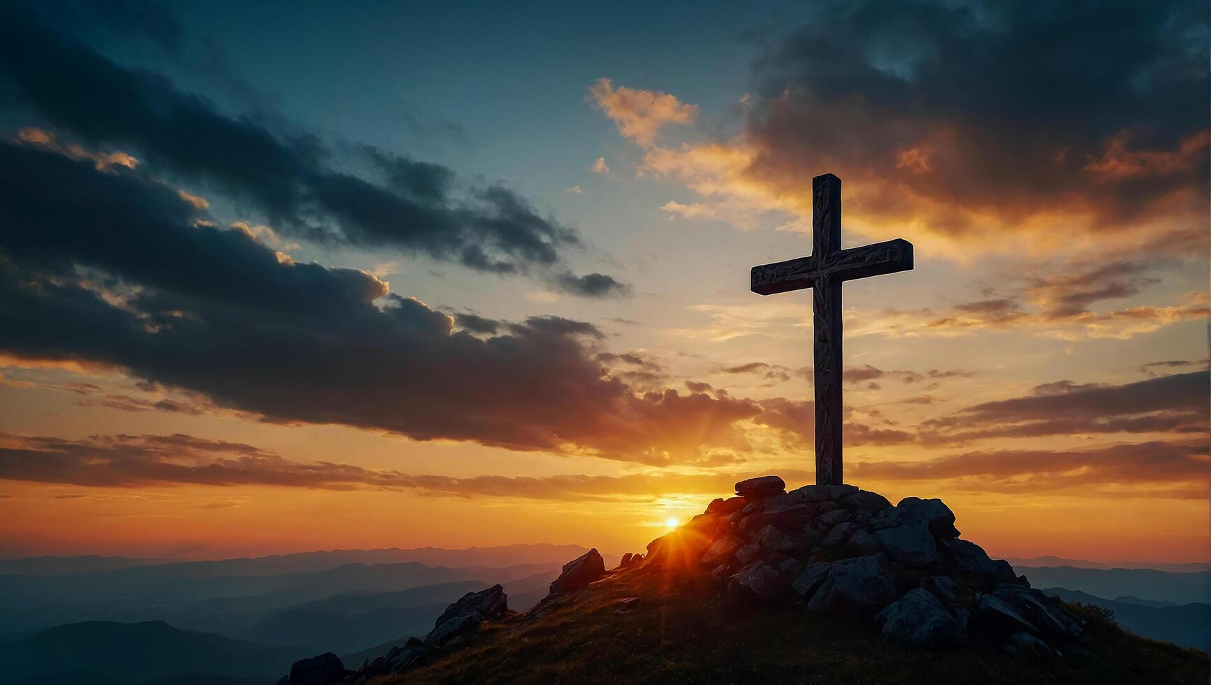 AI generated Silhouette of cross on the mountain, sunset background. Christian beliefs. photo