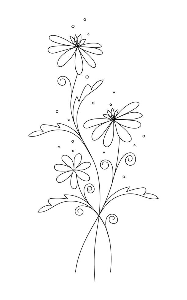 Beautiful wildflowers minimalist art. Sketch. Design for tattoo art, cover, coloring page, invitation cards,, templates. Vertical composition. Hand drawn vector illustration.