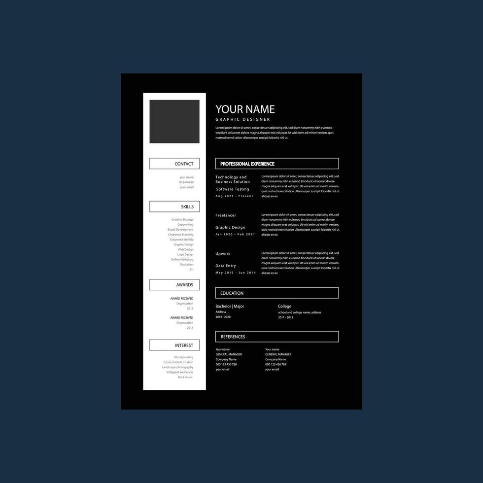 CV OR resume template - stylish dark BLACK and WHITE design sample vector