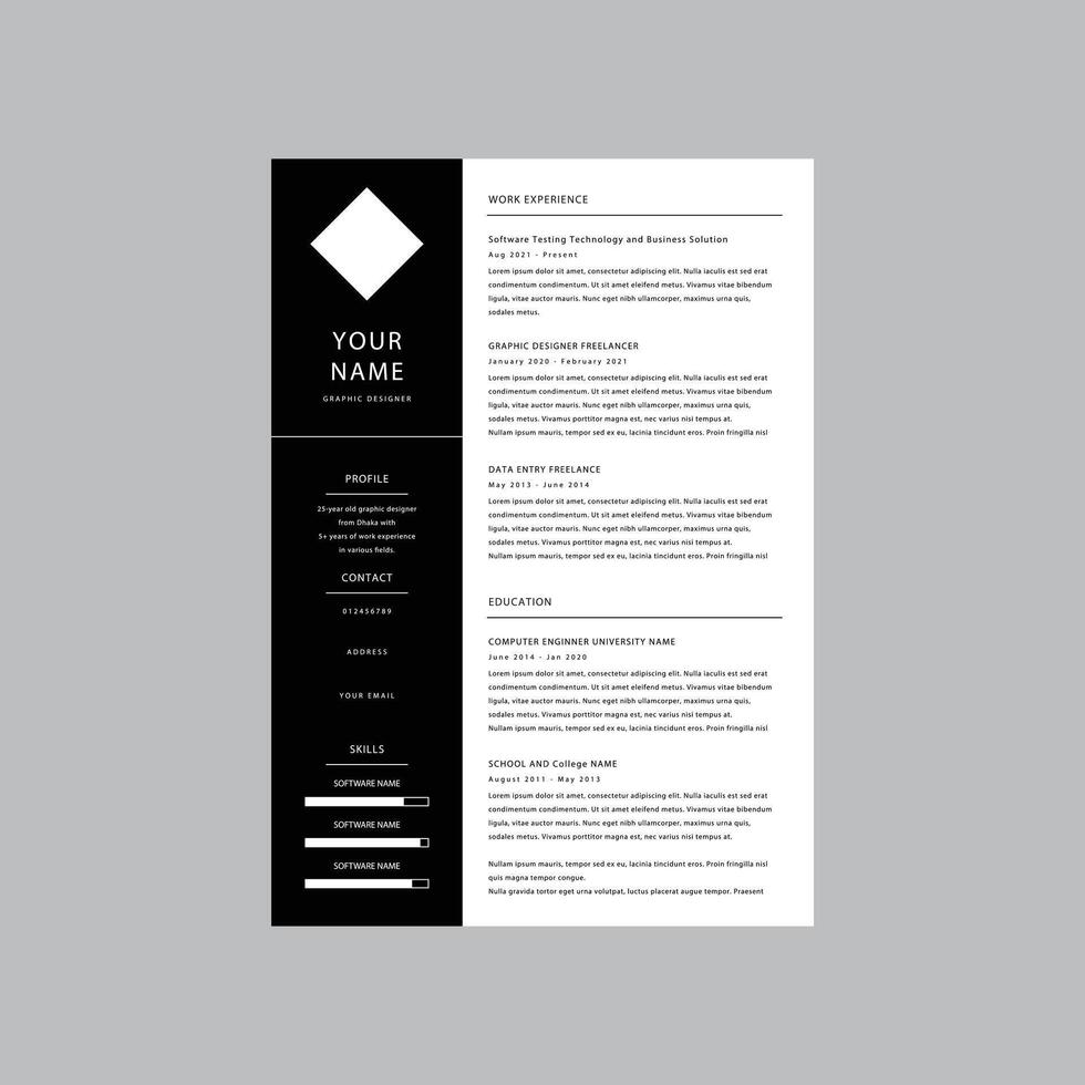 CV  resume template  stylish dark BLACK and WHITE design sample vector