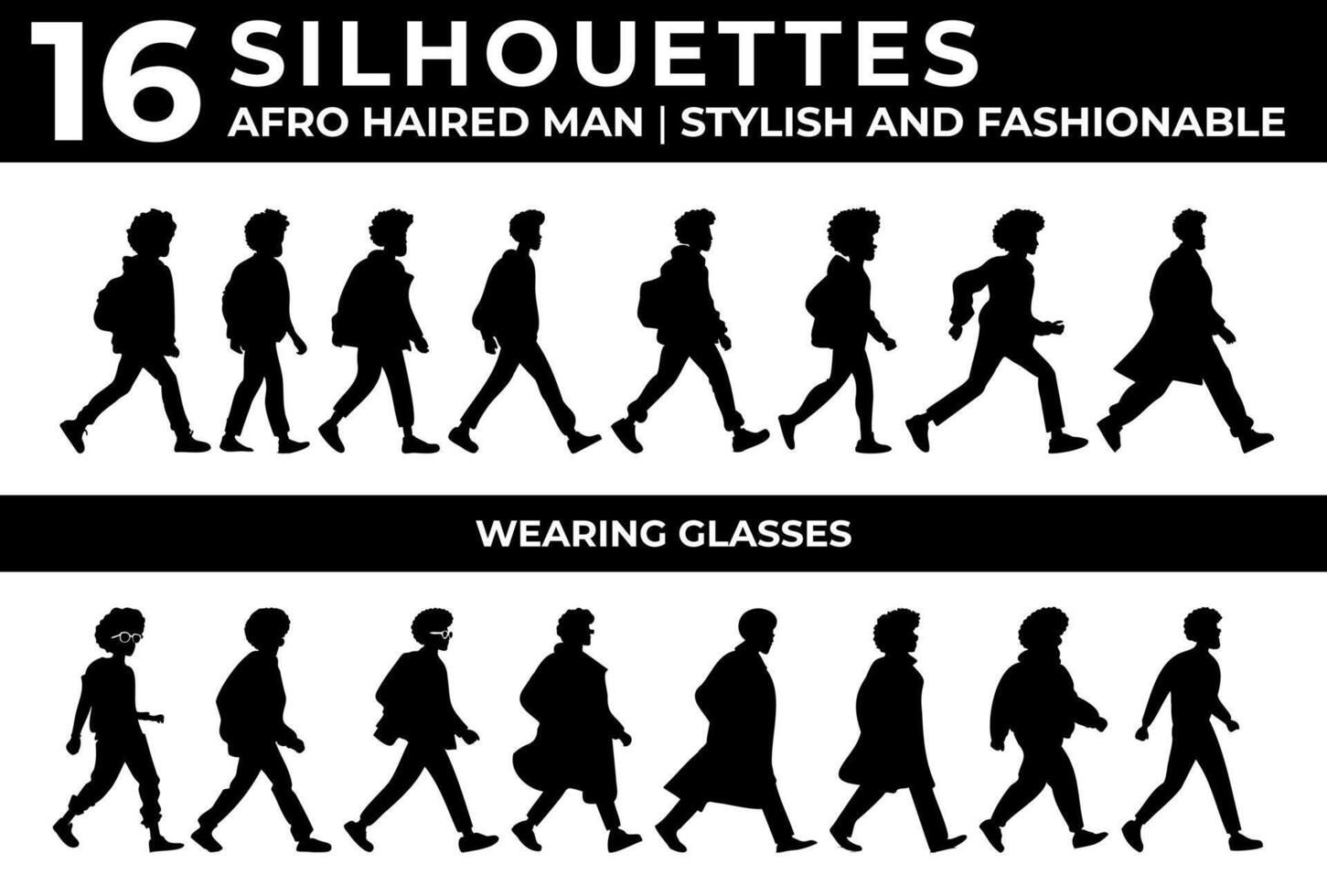 afro haired man silhouettes set, stylish and fashionable vector